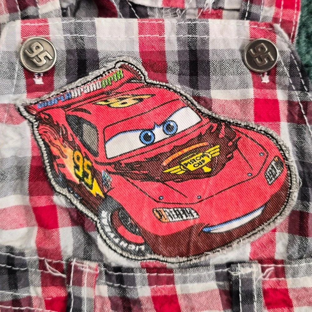 Disney‎ Baby Boy Lightning McQueen Cars Plaid Short Overalls Red Black Vintage